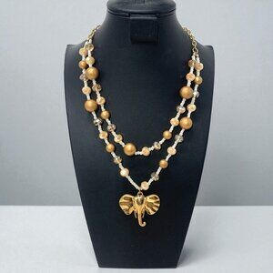 Gold-Tone Double Strand Necklace With Elephant Pendant & Beaded Design